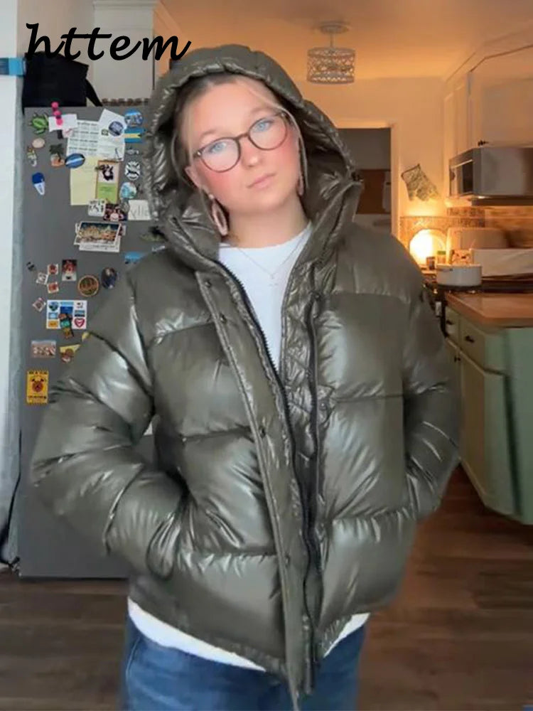 Damen Steppjacke mit Kapuze glänzend Khaki