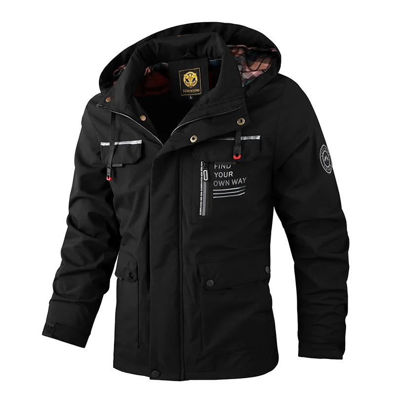 Herren Outdoor Jacke mit Kapuze & Reißverschluss, Winddichte Übergangsjacke mit Taschen