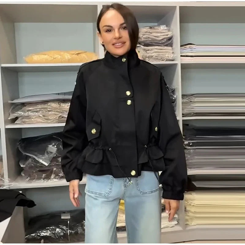 Damen Jacke im Blouson-Stil mit elastischem Bund und goldenen Knöpfen