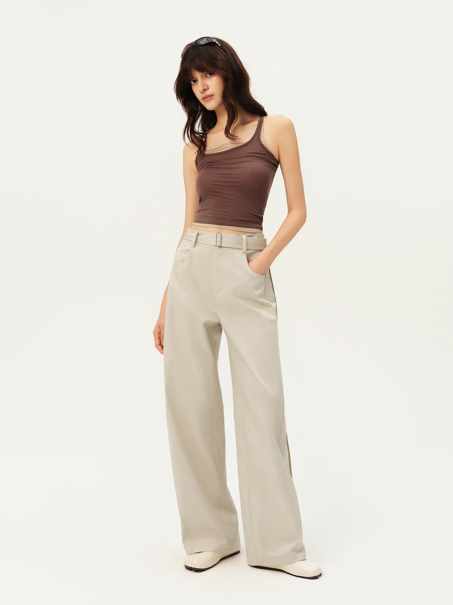 Wijde damesbroek met high waist en riem in donkerblauw