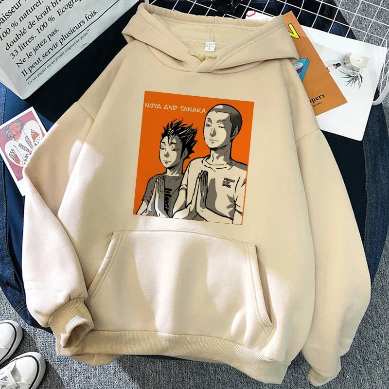 Hoodie met capuchon en anime-motief van de Karasuno Volleyball Club, beige