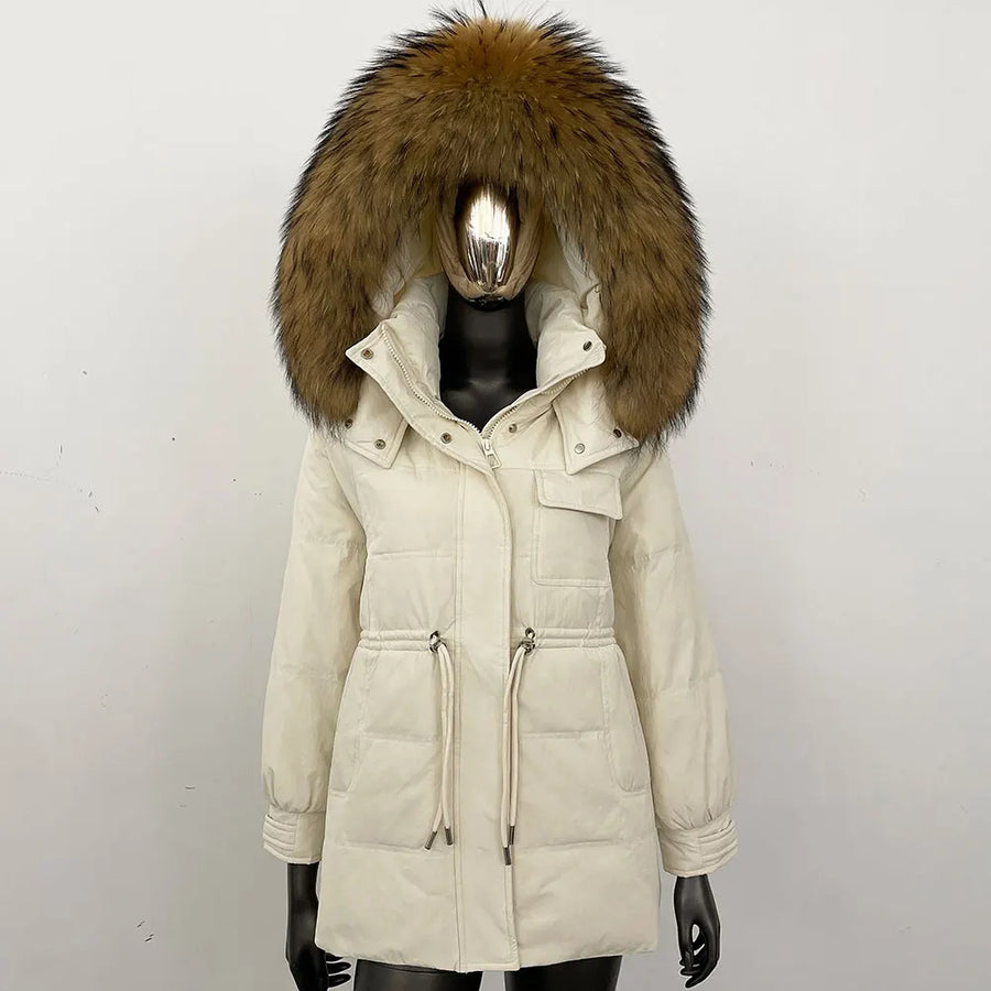 Damen Winterjacke Parka mit Kapuze Kunstfellbesatz Tunnelzug Creme