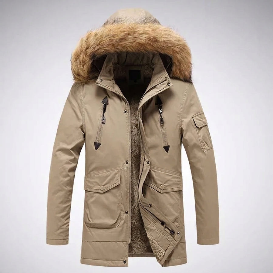 Herren Winterparka mit Kapuze und Fellimitatbesatz, warm gefüttert, langarm, Reißverschluss