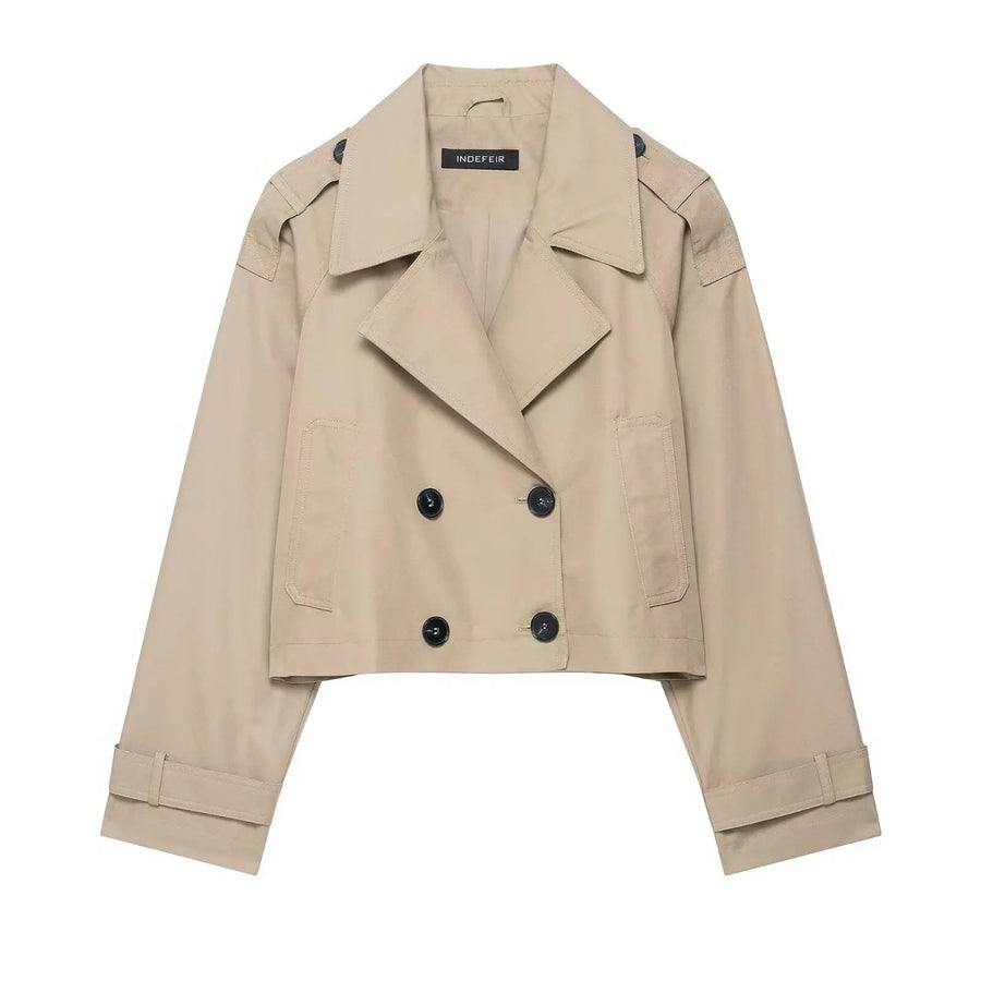 Kurze Damen Jacke Trenchcoat Stil Zweireiher Beige