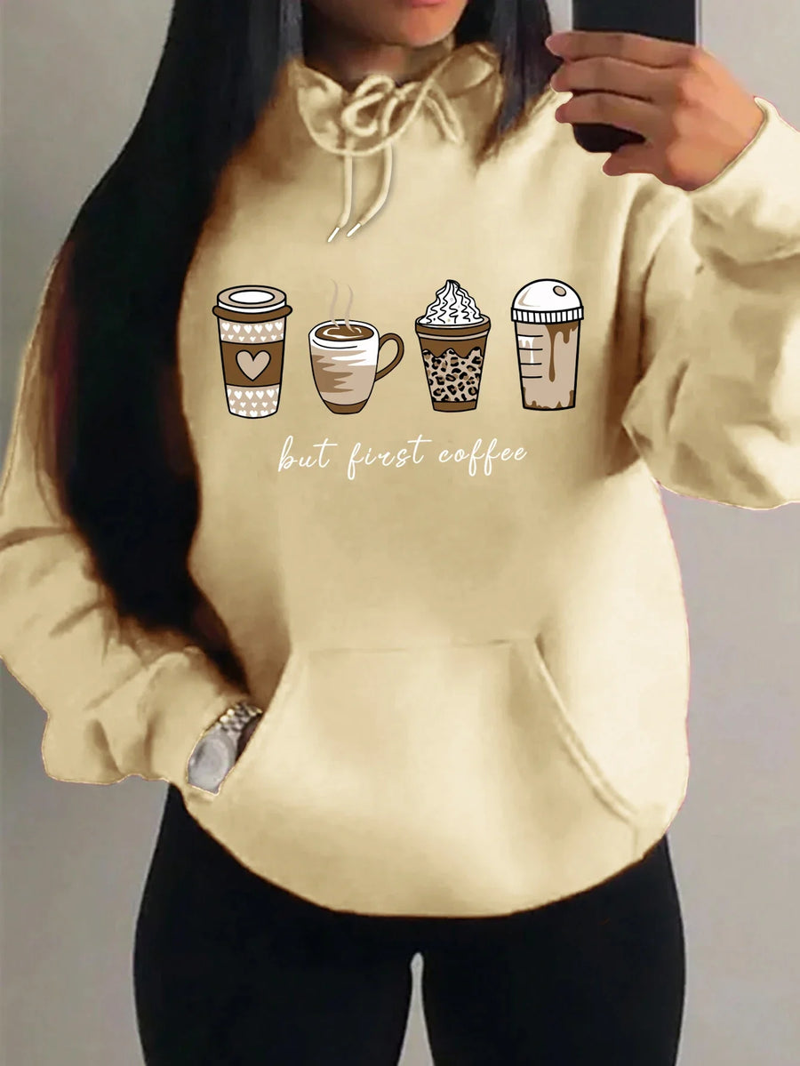 Dameshoodie met "But First Coffee"-opdruk en kangoeroezak