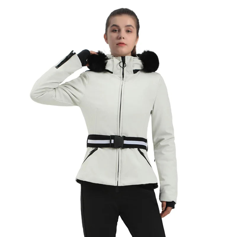 Damen Skijacke mit Hahnentrittmuster Gürtel und Kunstfellkapuze