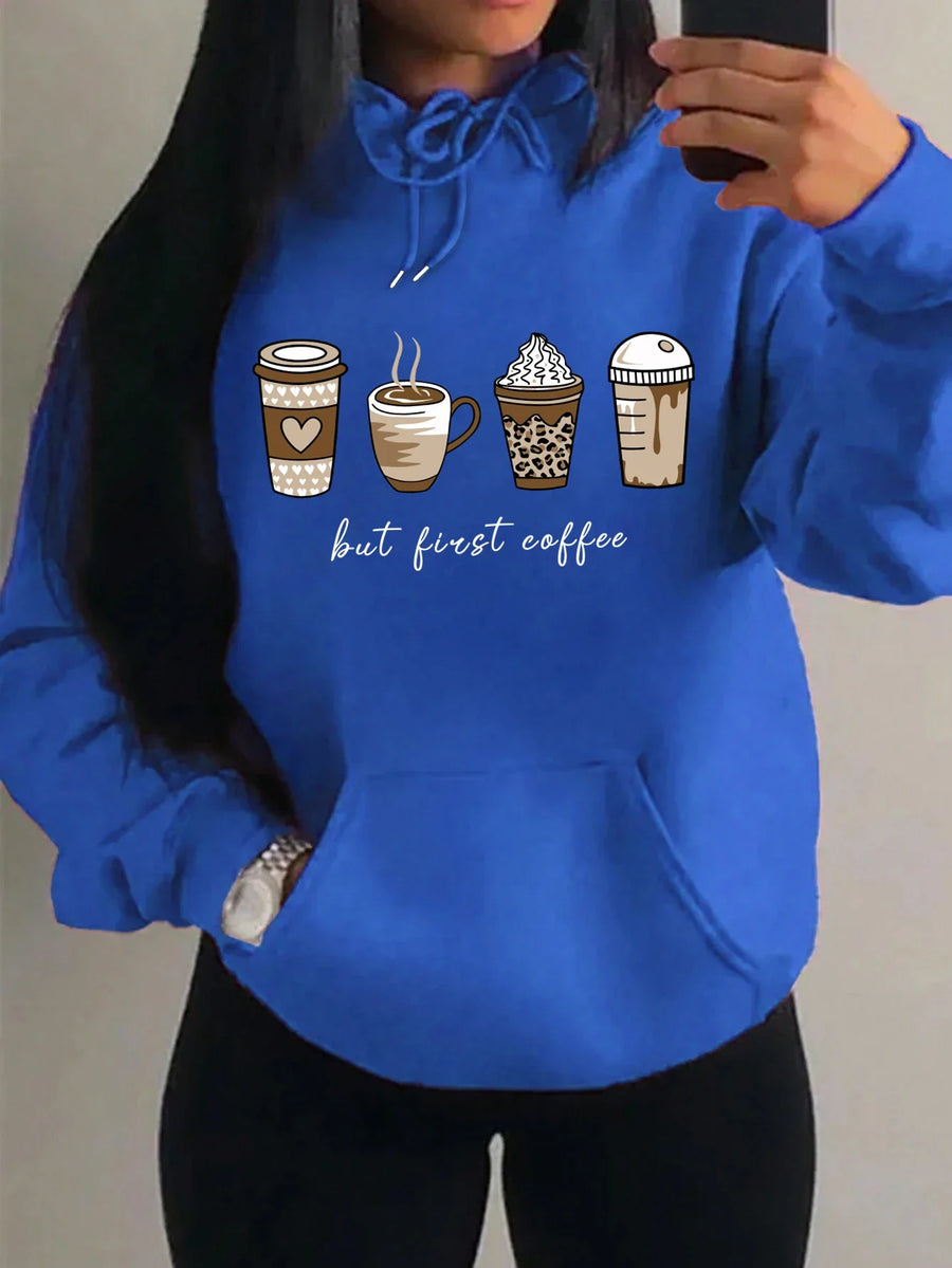 Dameshoodie met "But First Coffee"-opdruk en kangoeroezak