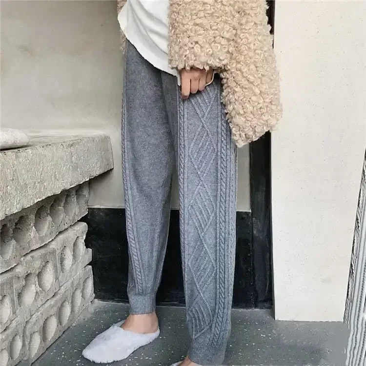 Damesgebreide broek met kabelpatroon, joggingbroek, losse vrijetijdsbroek, beige