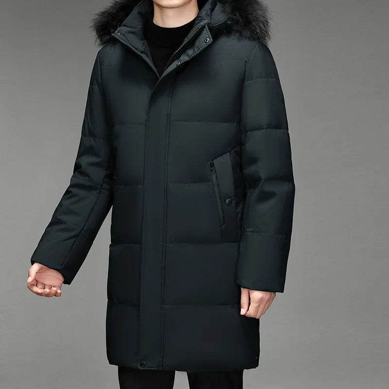 Herren Winter Parka lang mit Kapuze und Fellimitat dunkelgrau