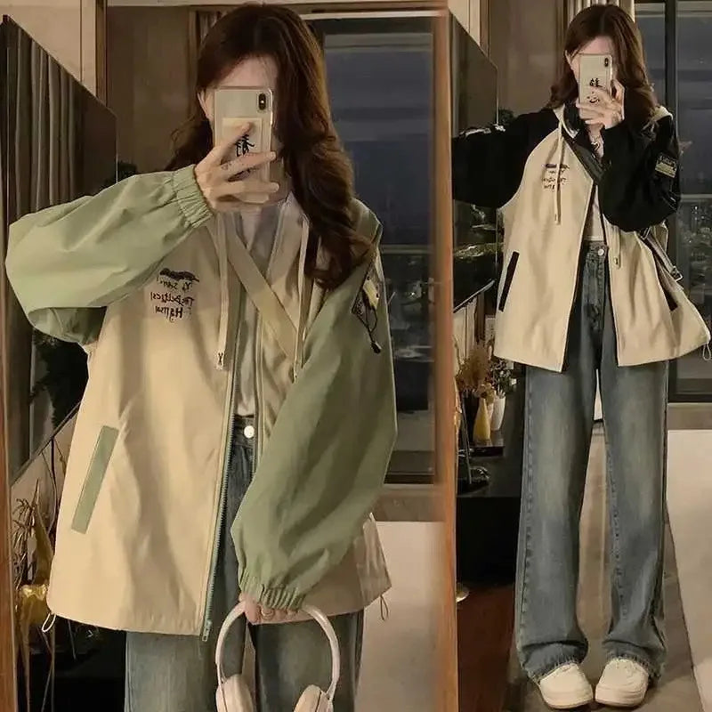 Damen Kapuzenjacke Zweifarbig Beige Grün Freizeit Reißverschluss