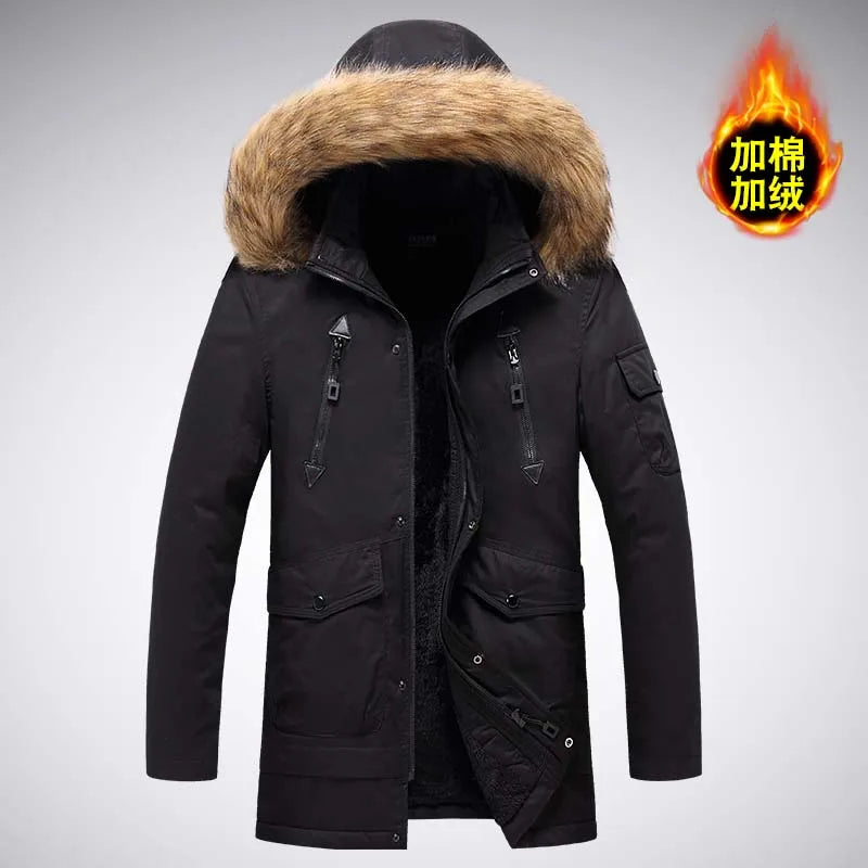 Herren Winterparka mit Kapuze und Fellimitatbesatz, warm gefüttert, langarm, Reißverschluss