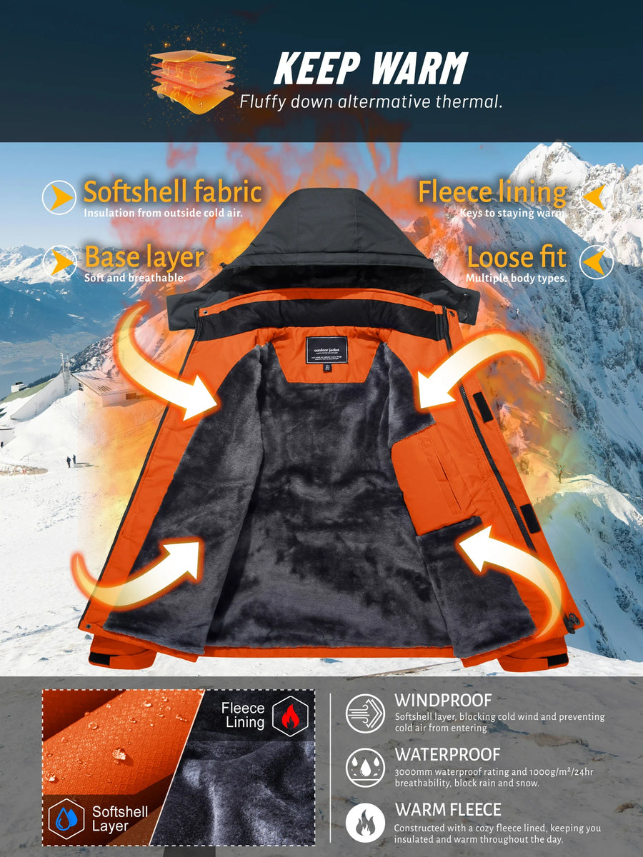 Herren Skijacke Outdoor Winterjacke Wasserdicht Orange Schwarz