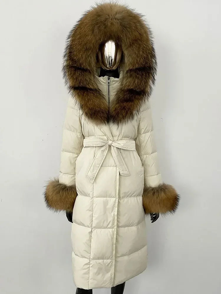 Damen Daunenmantel Lang mit Kapuze und Pelzbesatz Gürtel Steppjacke Warm