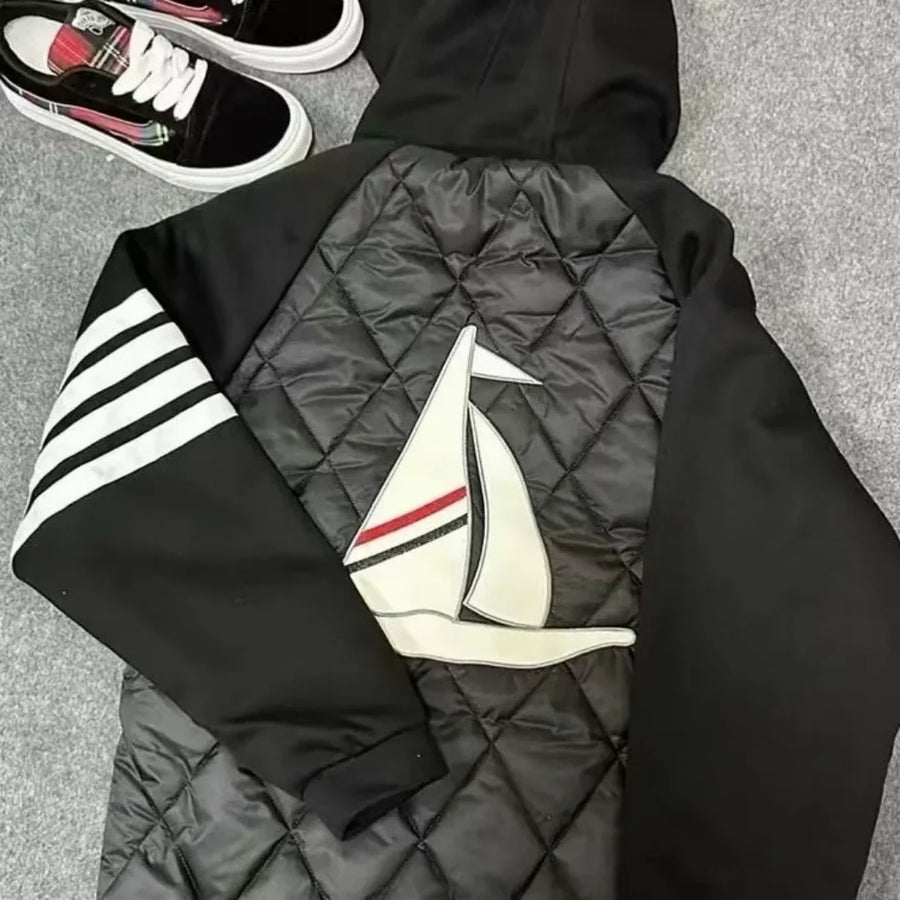 Unisex Stepp-Kapuzenjacke mit Segelboot-Motiv Schwarz