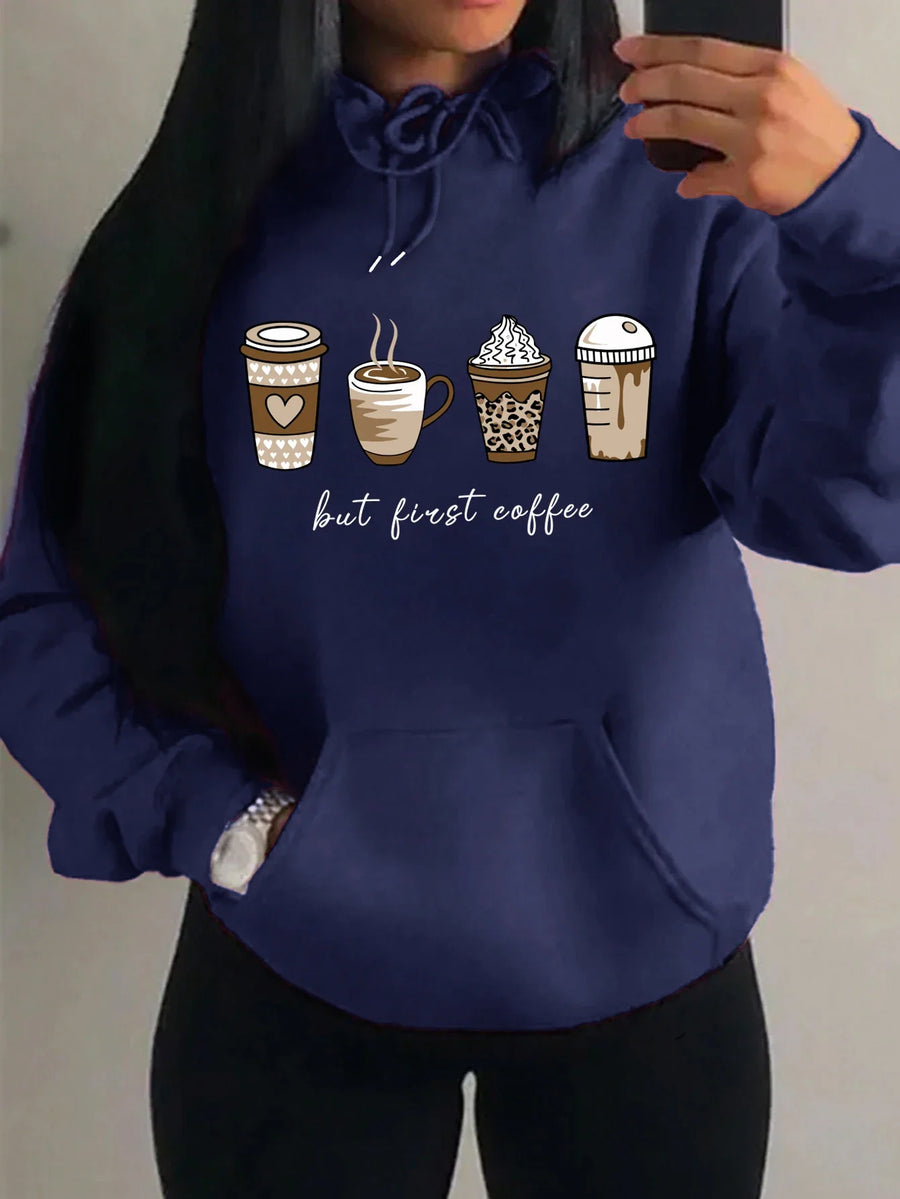 Dameshoodie met "But First Coffee"-opdruk en kangoeroezak