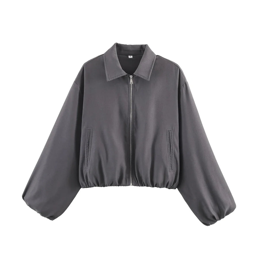 Damen Kurzjacke mit Reißverschluss, Kragen und Gummizugsaum