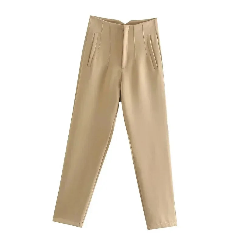 Damesbroek van stof met hoge taille in wortelmodel