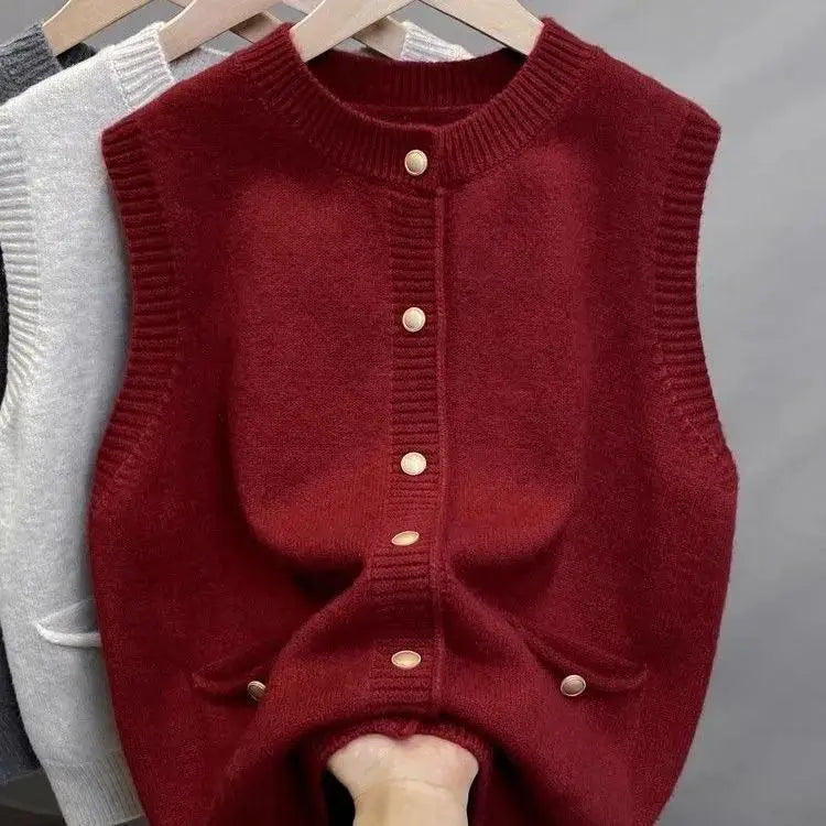 Damen Strickweste Ärmellos mit Knöpfen Rot