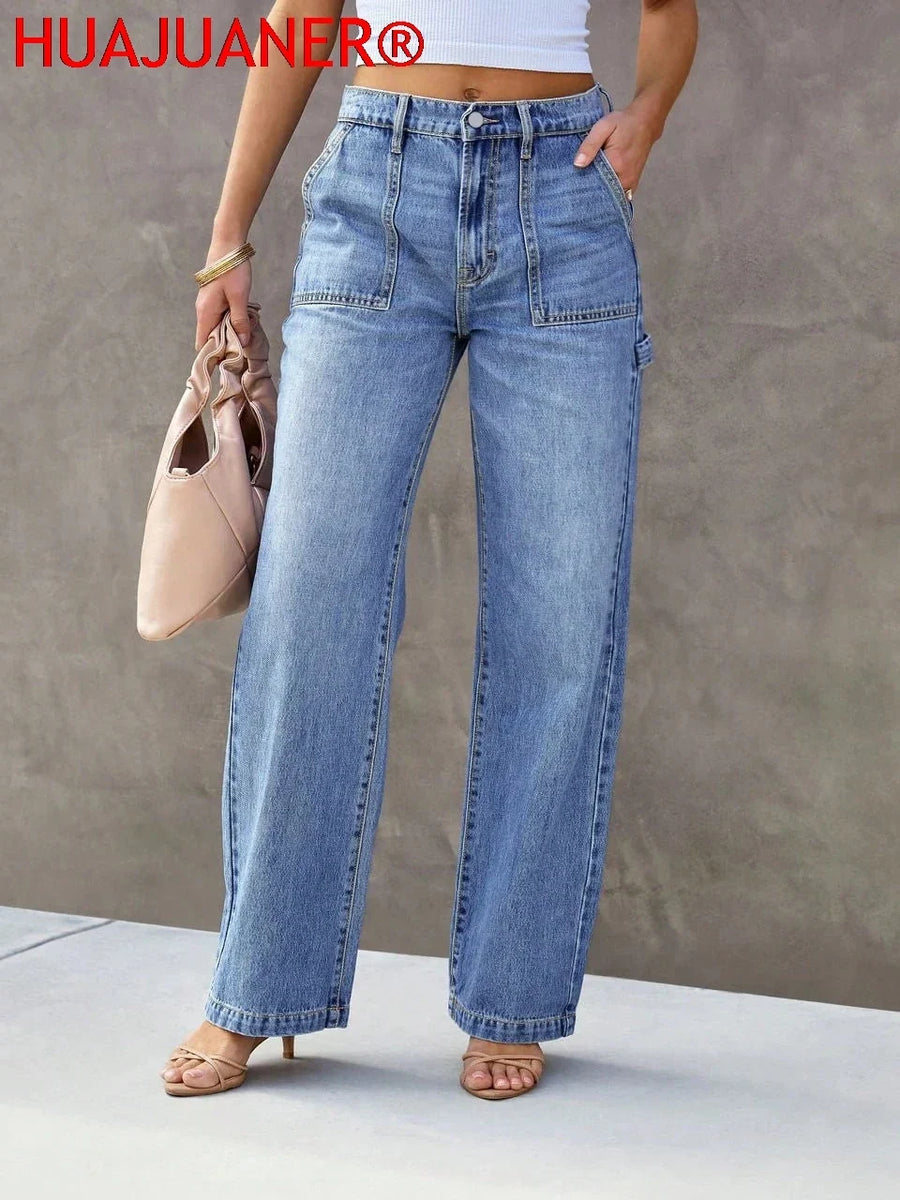 Damen Jeanshose Weites Bein Hoher Bund Hellblau mit Taschen