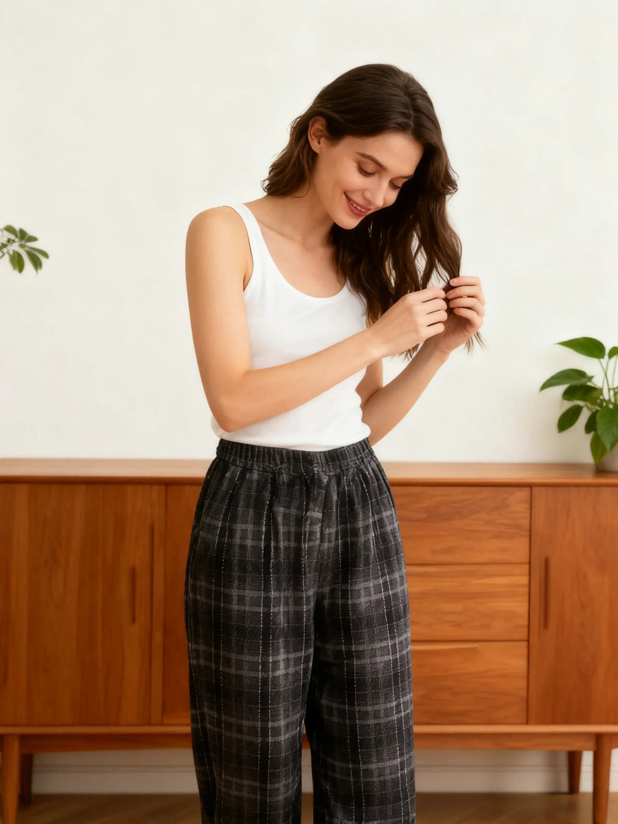Geruite loungewearbroek voor dames met wijde pijpen in zwart-wit