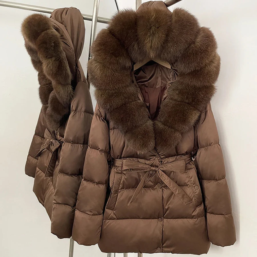 Damen Daunenjacke mit Kunstpelzkragen und Bindegürtel, warme Winterjacke