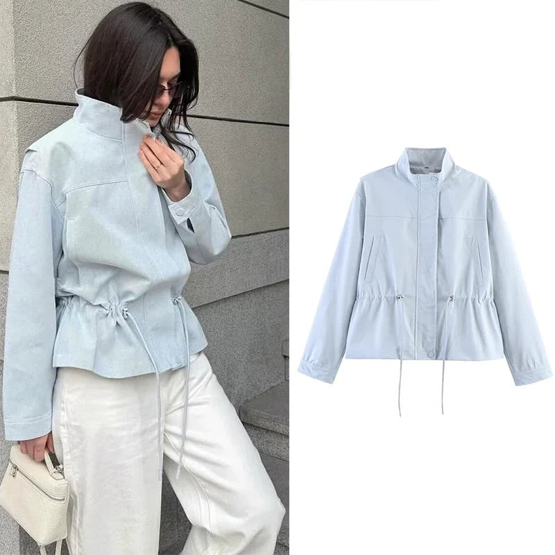 Damen Stehkragen Jacke mit Tunnelzug in Hellblau