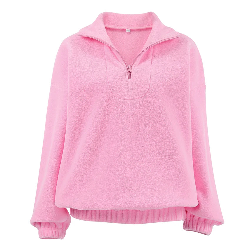 Roze fleece trui voor dames met opstaande kraag en ritssluiting