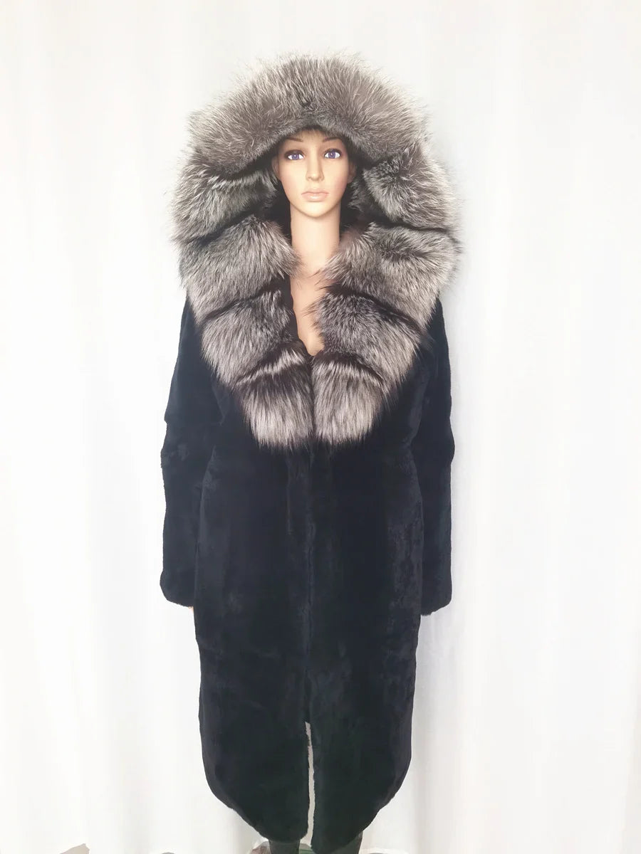 Damen Langer Mantel mit Kapuze, Pelzbesatz und Bindegürtel – Winter Parka
