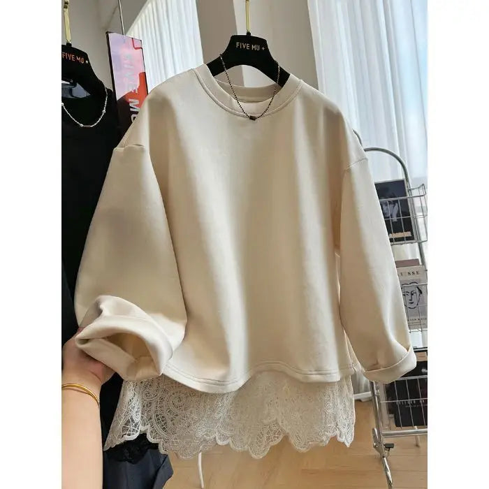 Damen Sweatshirt mit Spitze am Rücken Offen Beige