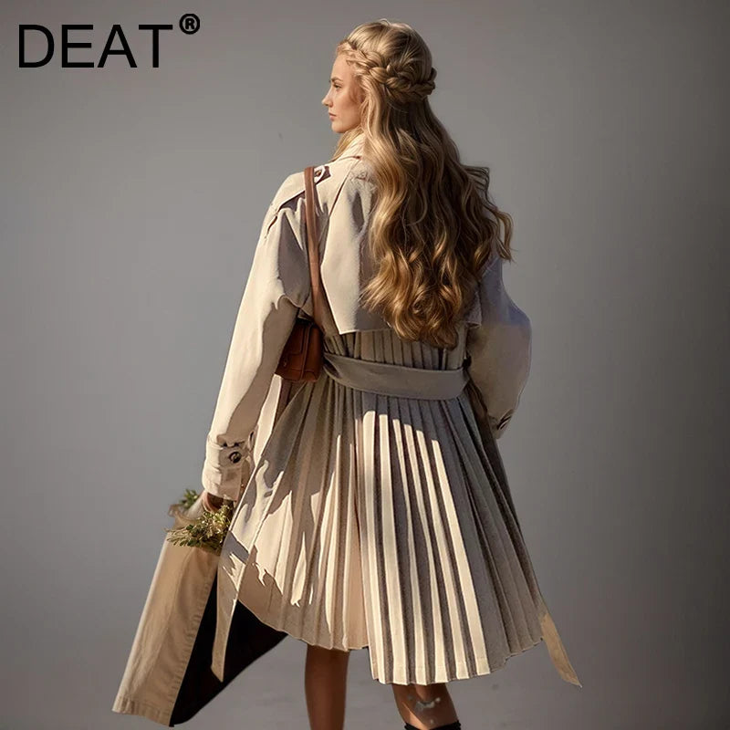 Damen Trenchcoat mit Faltenrock-Optik Gürtel Klassischer Kragen Beige