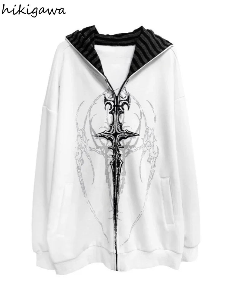 Oversized unisexhoodie met rits en capuchon, met gothic-print