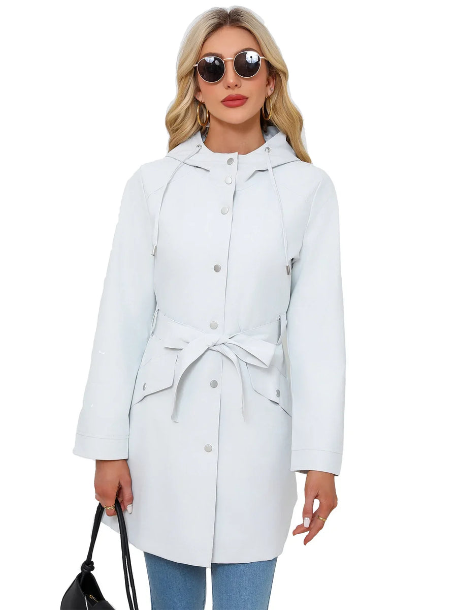 Damen Regenjacke mit Kapuze und Bindegürtel, Beige