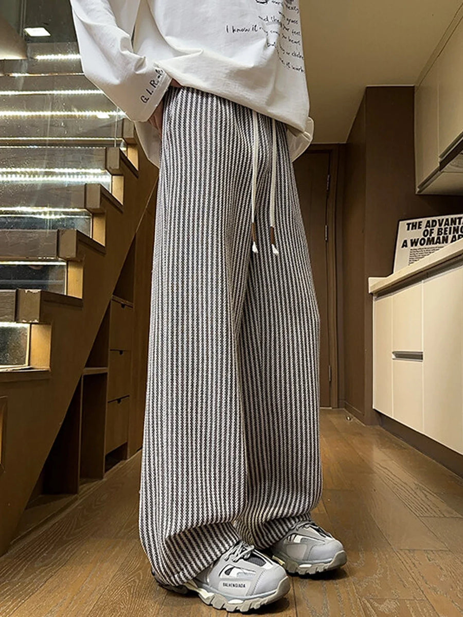 Unisex Freizeithose mit Fischgrätmuster Beige Braun Weites Bein