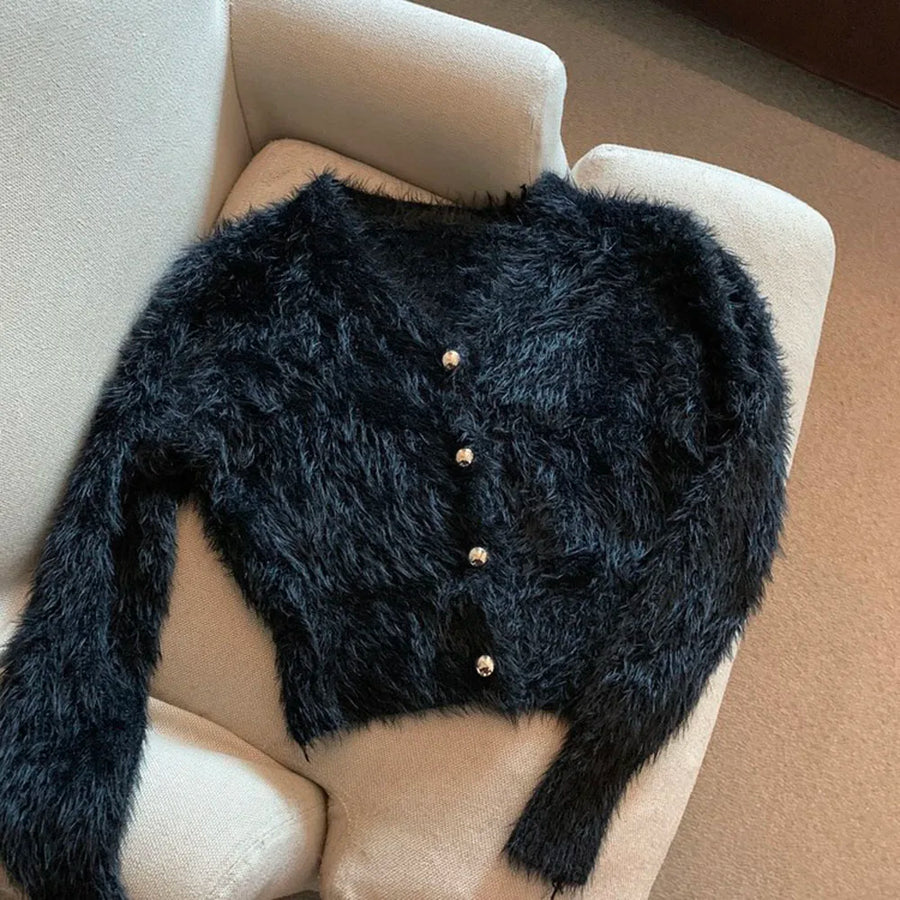 Kort fluffy damesvest met V-hals en knopenlijst, lichtblauw