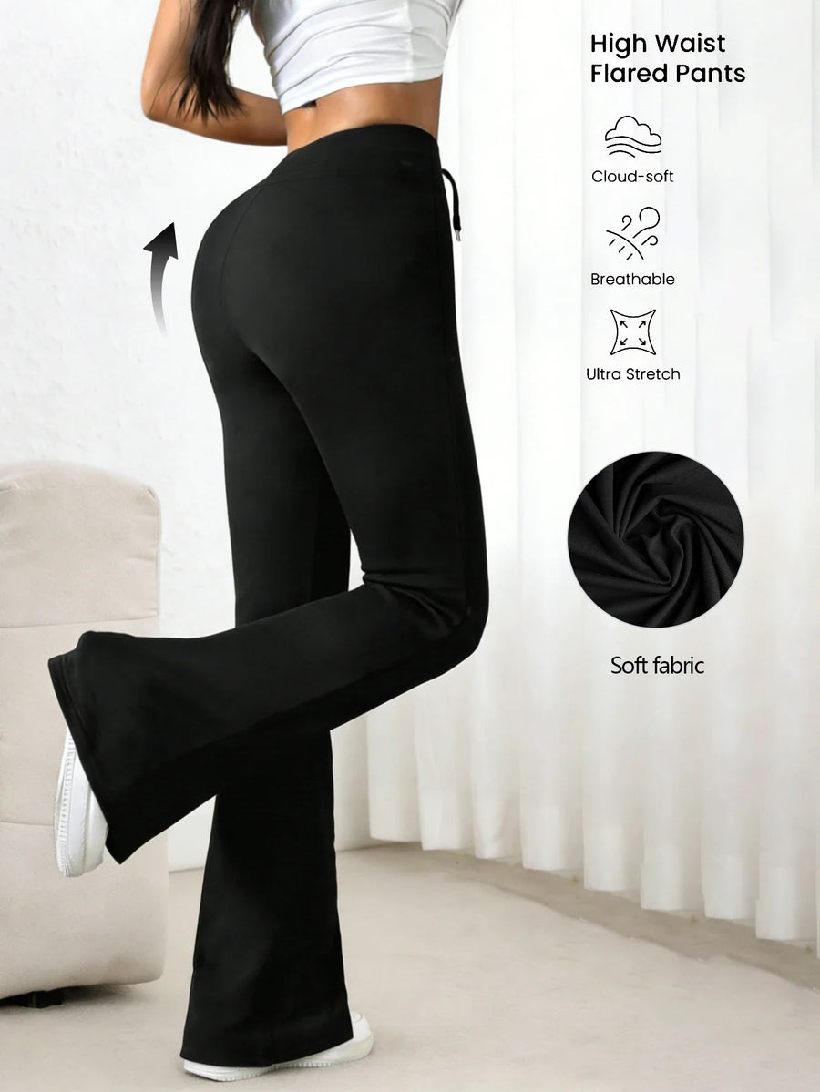 Zwarte damesflared broek met hoge taille en tunnelkoord