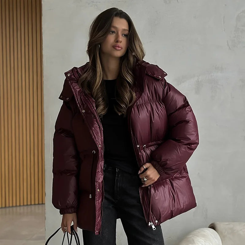 Damen Steppjacke mit Kapuze und Kordelzug, glänzend, warm