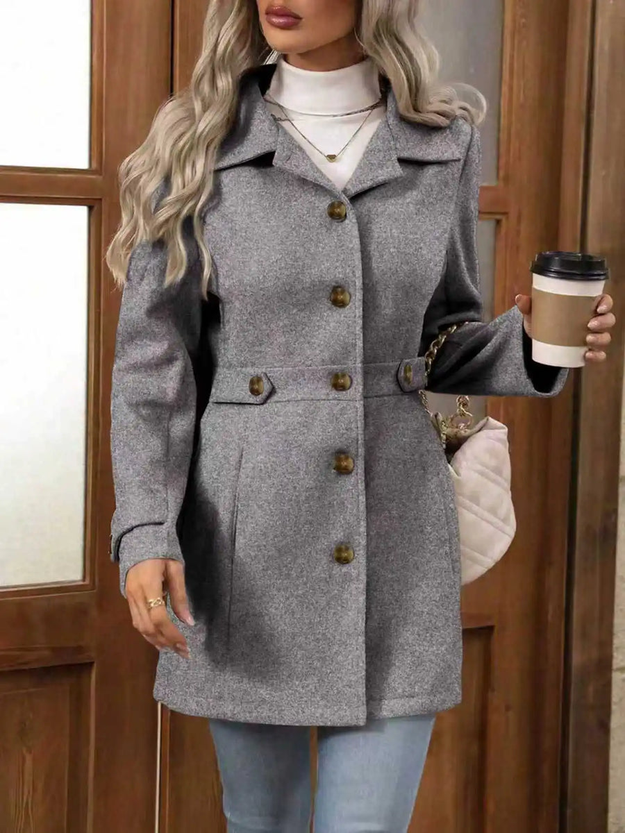 Damen Kurzmantel Grau mit Knöpfen & Taillengürtel-Details, Langarm Jacke