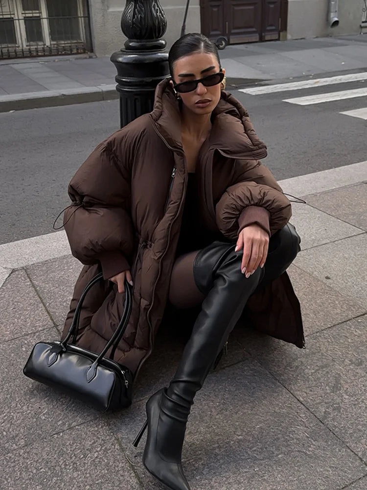 Damen Pufferjacke Oversize Braun Stehkragen Winterjacke
