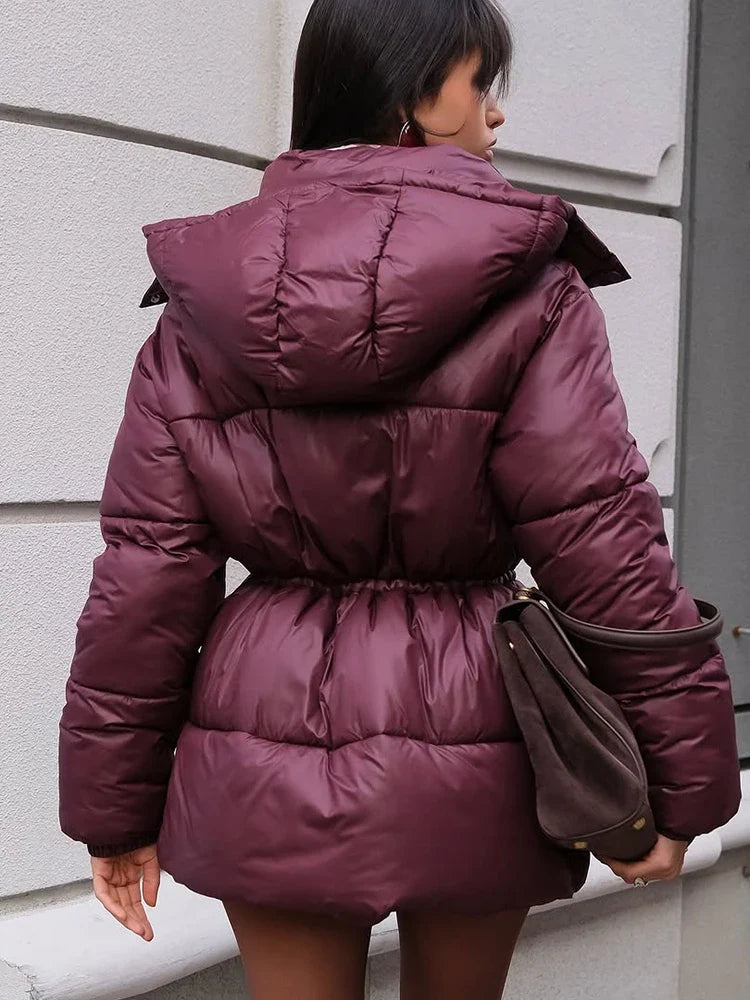 Damen Pufferjacke mit Gürtel Winter Jacke Stehkragen