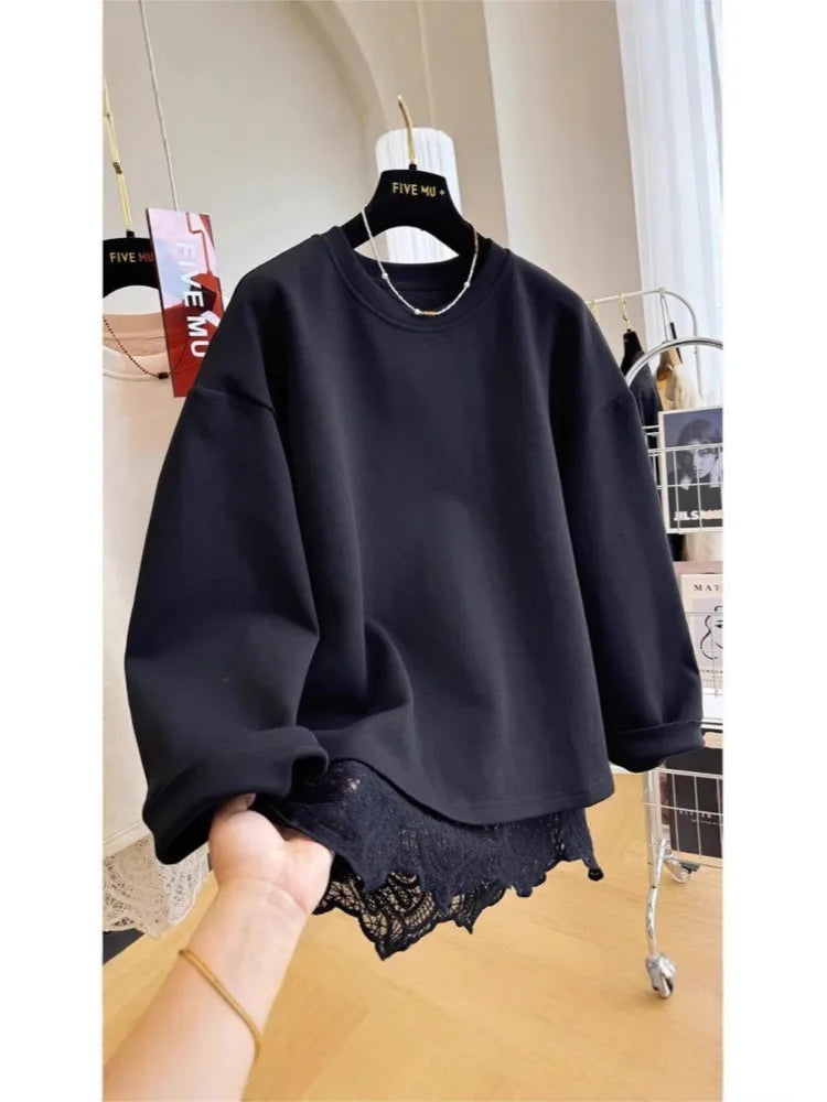 Damen Sweatshirt mit Spitze am Rücken Offen Beige