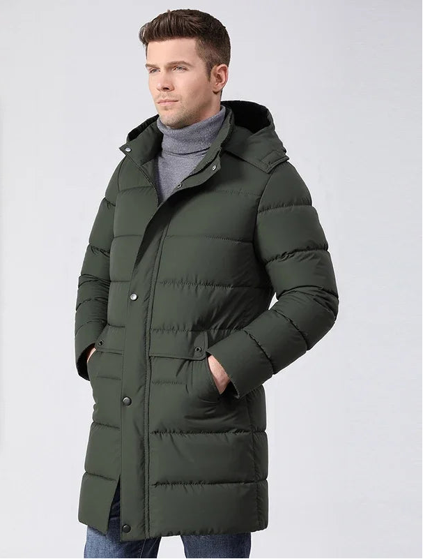 Herren Langer Winter Steppmantel mit Kapuze und Knöpfen – Warm & Winddicht