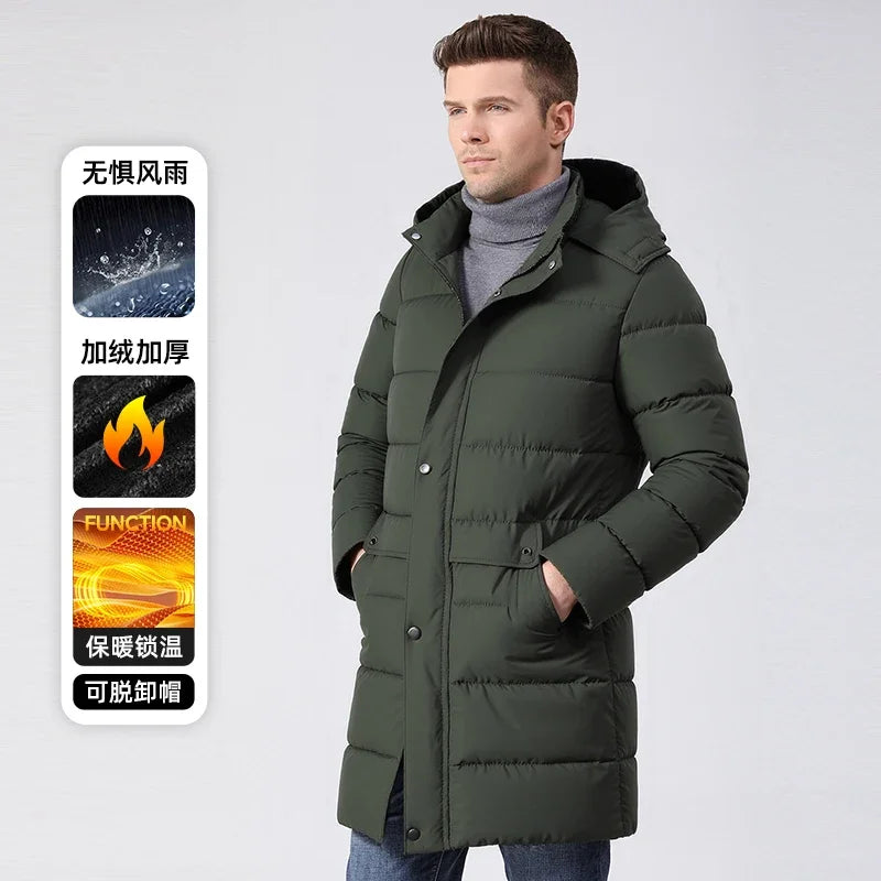 Herren Langer Winter Steppmantel mit Kapuze und Knöpfen – Warm & Winddicht