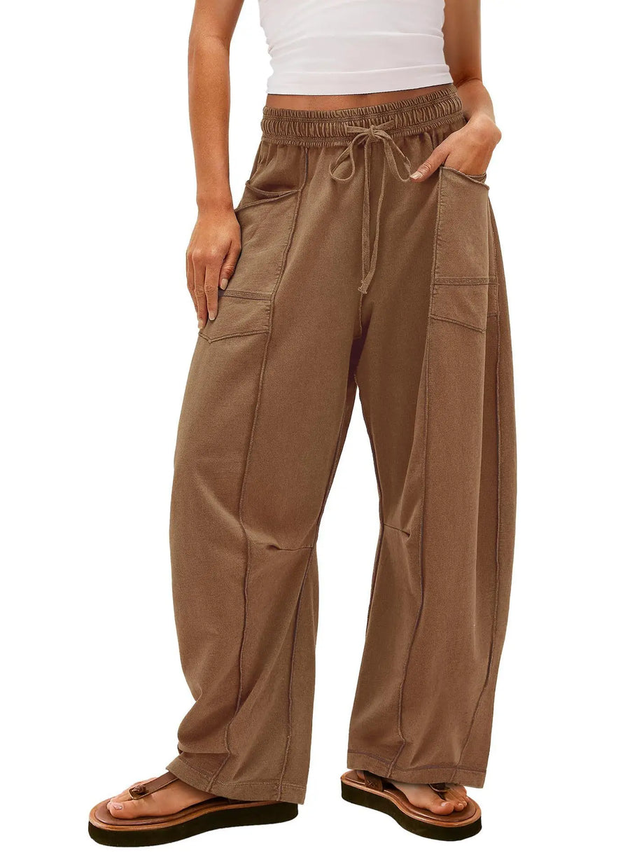 Damen Freizeithose Weites Bein Elastischer Bund Kordelzug Cargo-Taschen