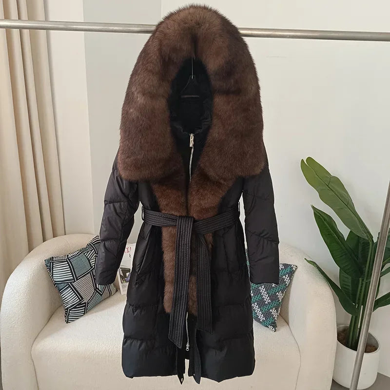 Damen Winter Steppmantel Lang mit Kapuze und Kunstpelzbesatz Gürtel