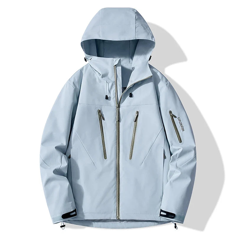 Unisex Outdoorjacke mit Kapuze, Reißverschlusstaschen und Kontrastdetails