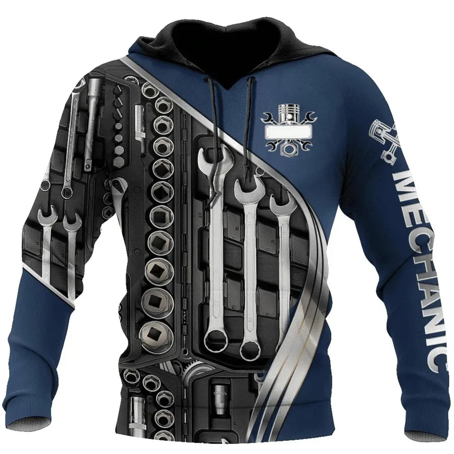 Kapuzenpullover Herren Hoodie Mechaniker-Design Motor Kolben Werkzeug Schwarz Grau