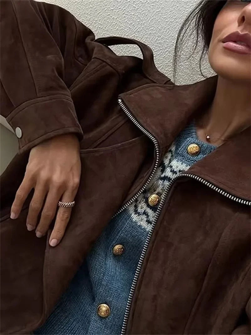 Bikerjacke Damen in Wildleder-Optik mit Reißverschluss und Gürtel