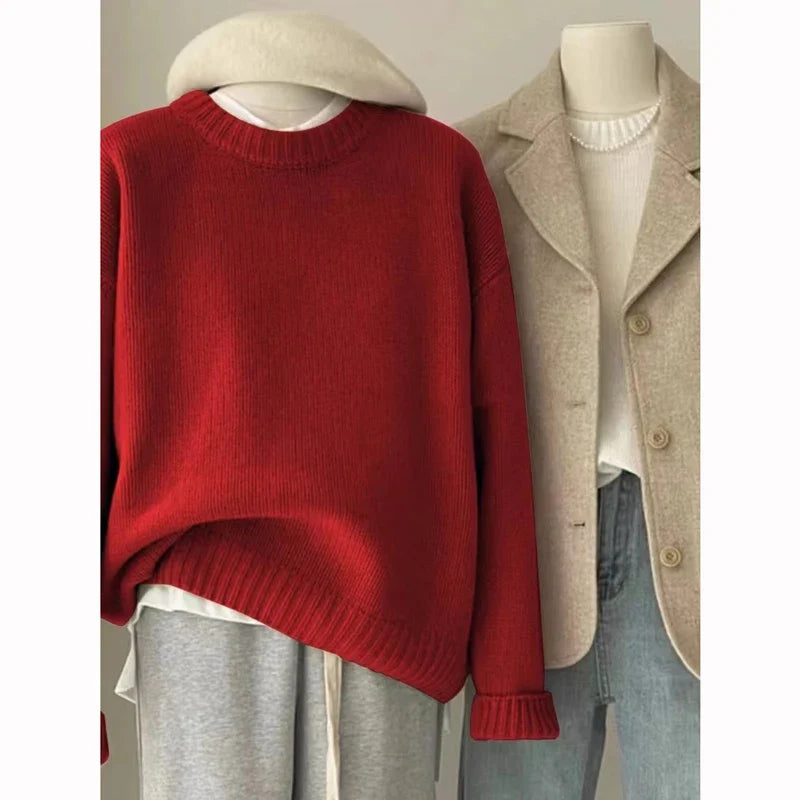Unisex Rundhals Pullover Grobstrick Oversize Locker Casual Langarm