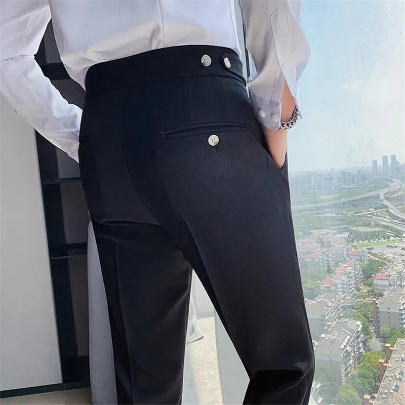 Herren Business Anzughose Slim Fit Bundfalten Hose mit Schnalle