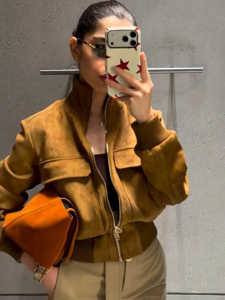 Damen Bomberjacke im Wildleder-Look mit Stehkragen und Reißverschluss